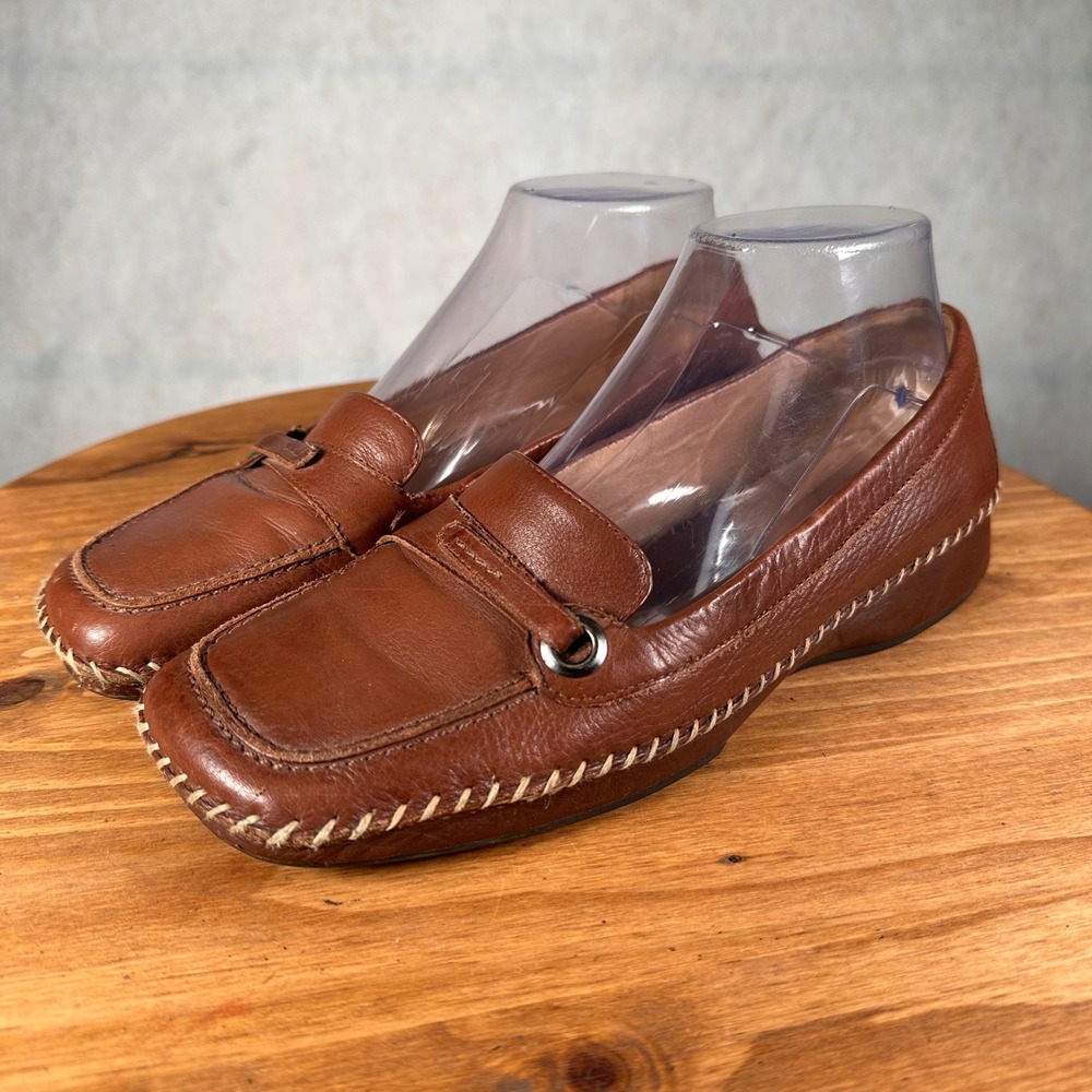 Nurture Loafers Women 8.5 Brown Good Leather Square Toe Whipstitch Flats